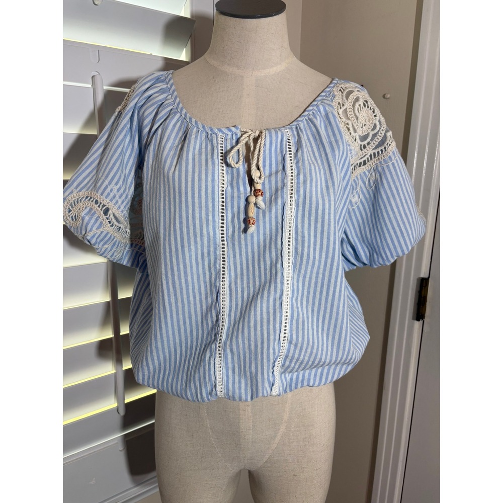 VTG Y2K Passport Cotton Peasant Top Size L Blue/Wht Balloon Sleeve Crochet EUC